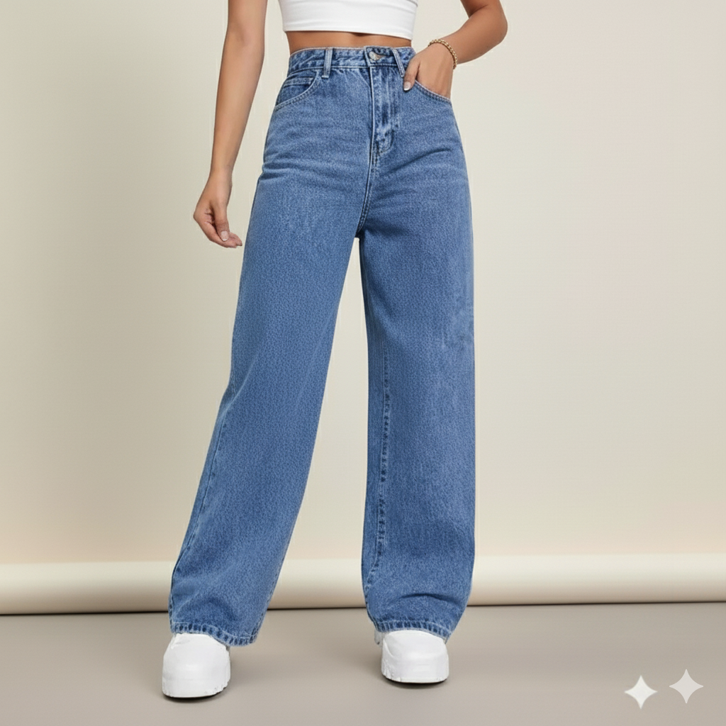 High Waisted Baggy Straight Strech Jeans