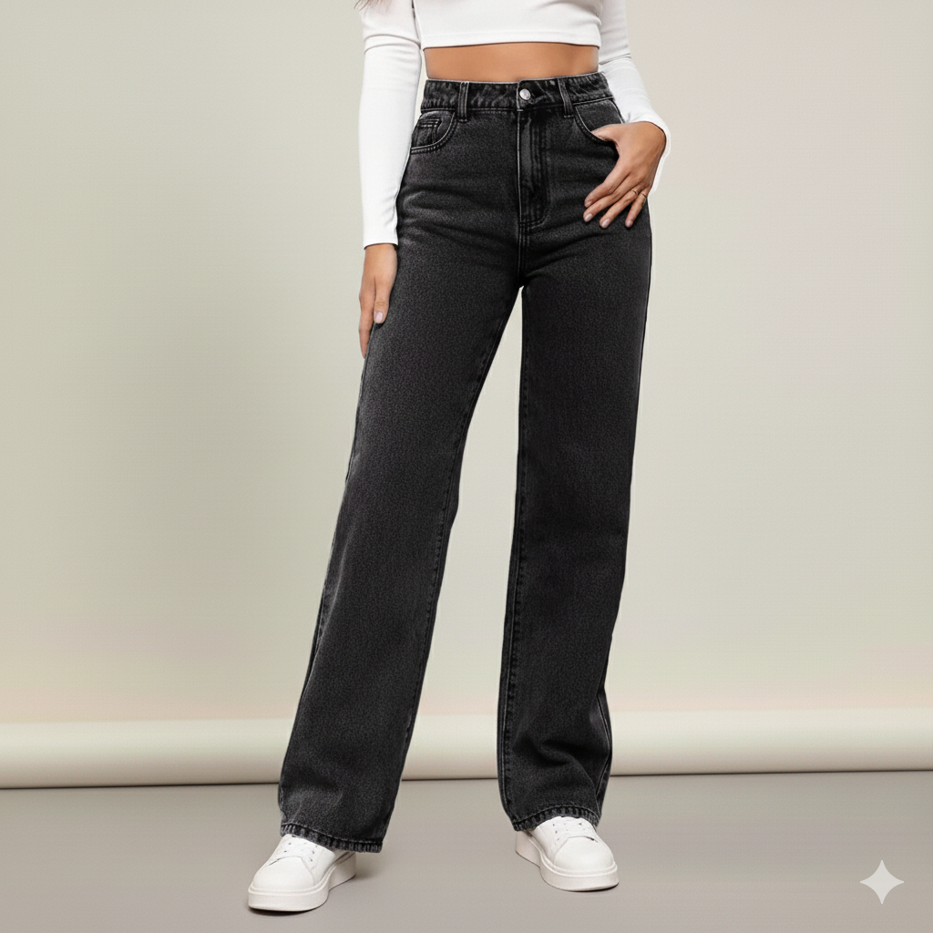 High Waisted Baggy Straight Strech Jeans