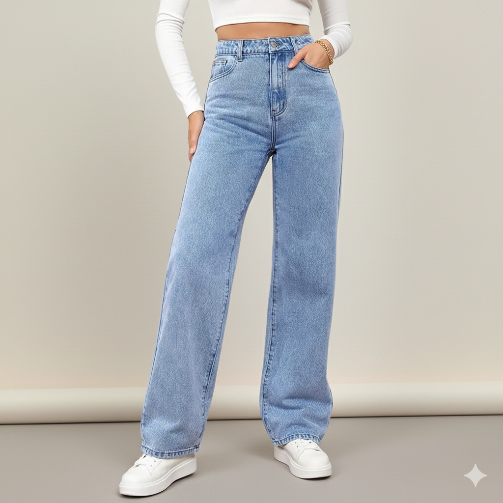 High Waisted Baggy Straight Strech Jeans
